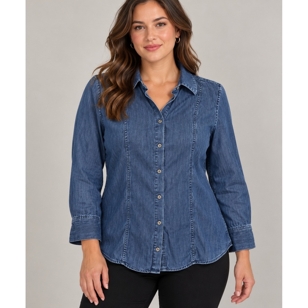 Chicos Blue Tencel Denim Button Down Shirt Size 1 Medium Wash Elastic Back Waist
